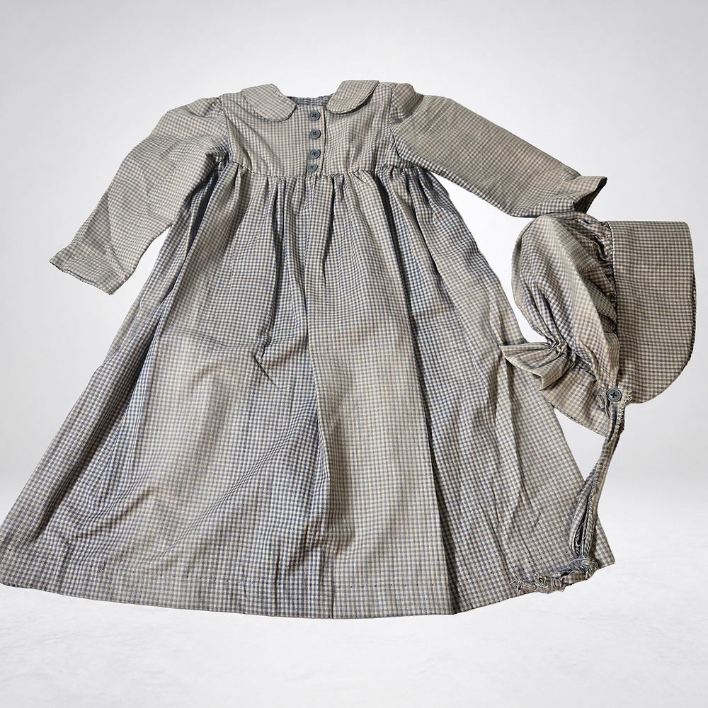 Handmade Blue Cream Check Dress and Bonnet Set 22 Inch Long Sleeve Display Piece